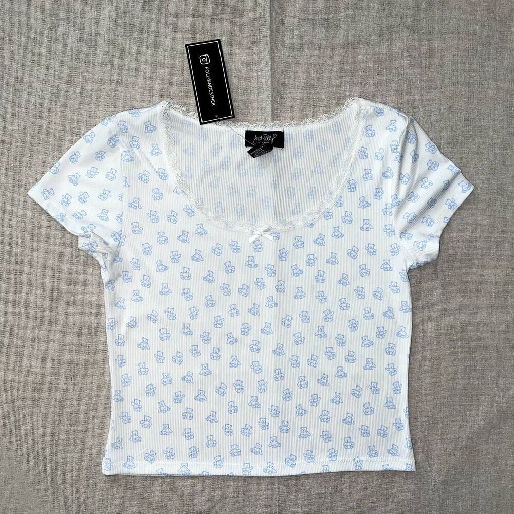 Just Polly NWT Cropped Teddy Bear Tee White & Blue - Large